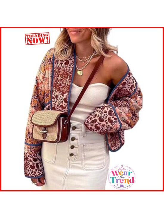 Jackets & Blazers - Quilted Floral Reversible Crop Puffer Jacket Open Front Batwing Sleeve